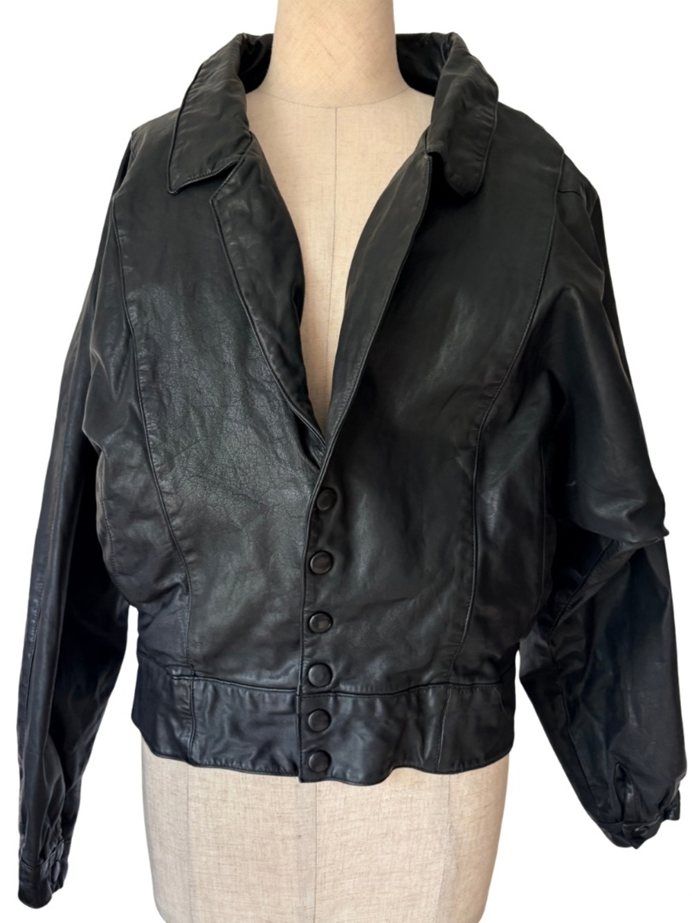 Vtg 80s 90s Black Leather Cropped Moto Jacket Punk Chic Snap Front M Nip Waist